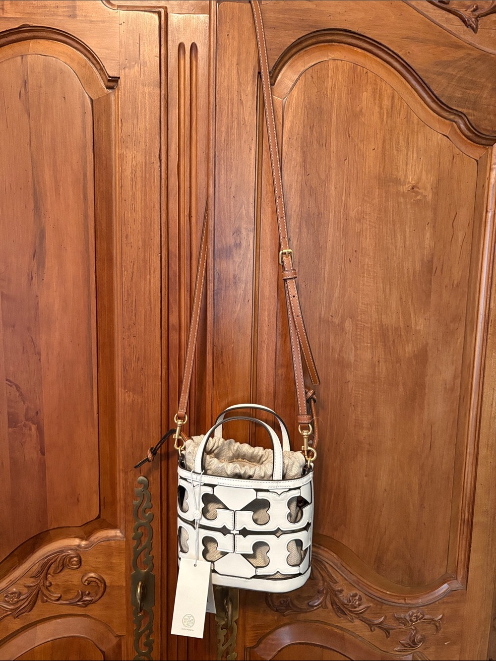 Tory Burch White Leather Cutout Mini Bucket Bag with Tan Strap